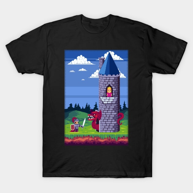 Pixels and Peril: The Knight's Quest to Rescue the Captive Princess from the Fiery Dragon's Lair T-Shirt by Holymayo Tee